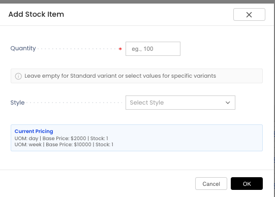 Add stock with variant selection