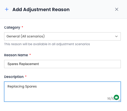 Add Adjustment Reason Form