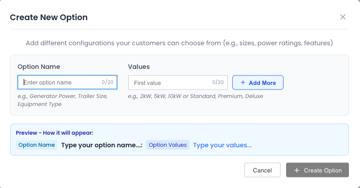 Create variant option dialog