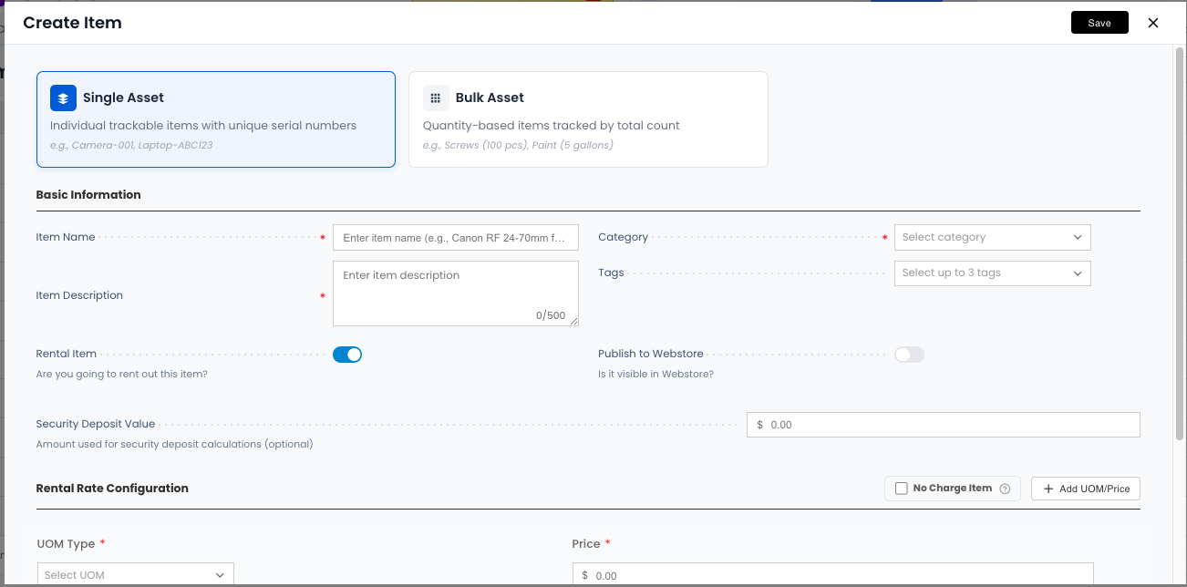 Create new asset form