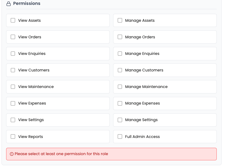 Permission checkboxes for different modules