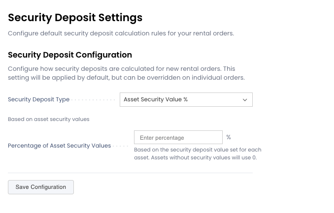 Security deposit percentage configuration