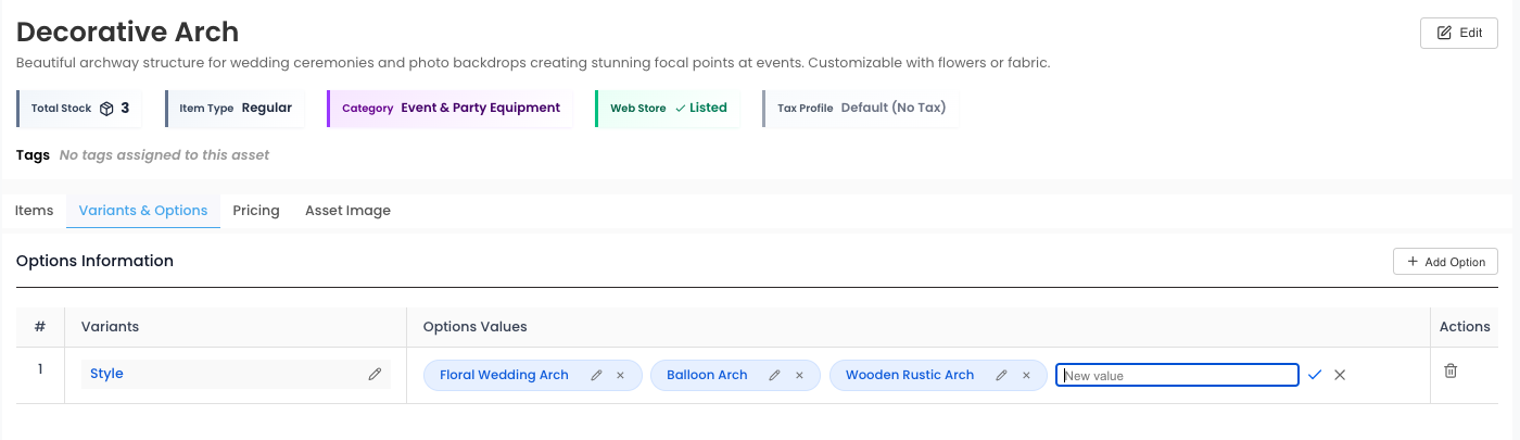Variants and Options Tab